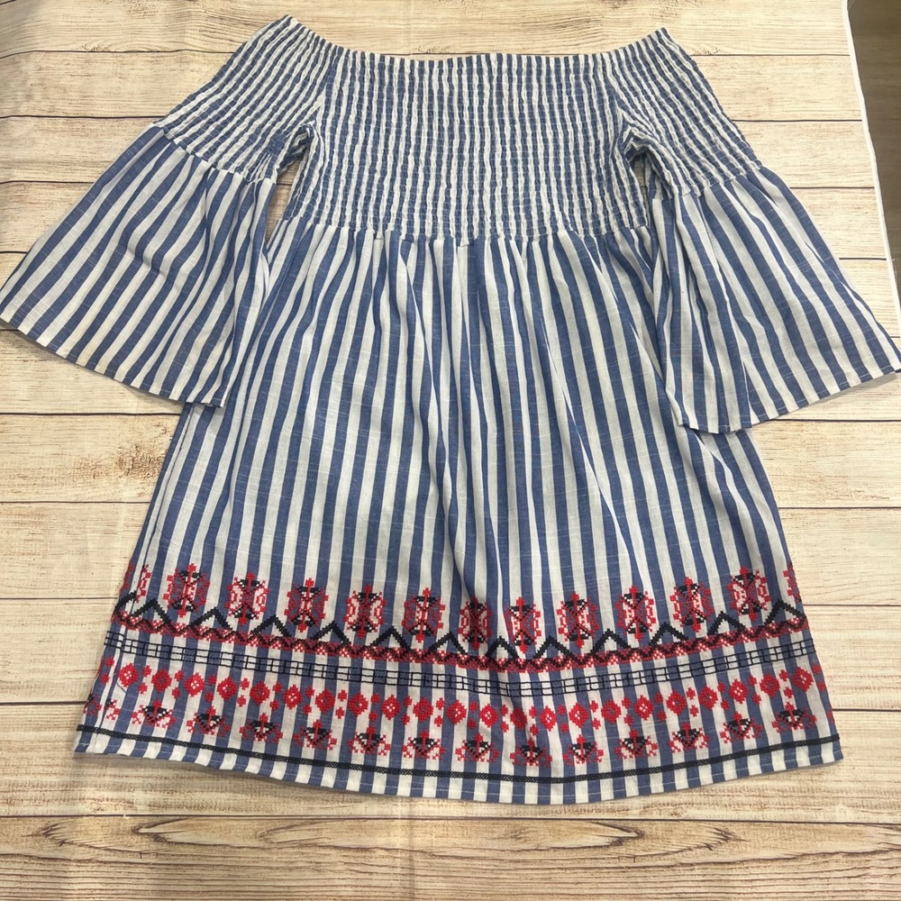 Braeve Striped Off‎ Shoulder Smocked Bell Sleeve Embroidered Dress Women's Large